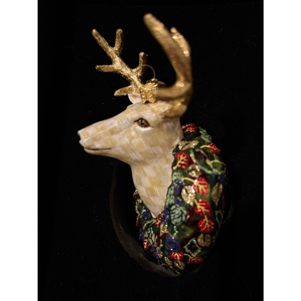 MacKenzie-Childs Deer Ornament Parchment Check pattern hand painted New In Box